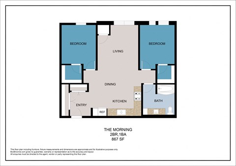 Floor plan for 2 beds, 1 bath, 867 sqft